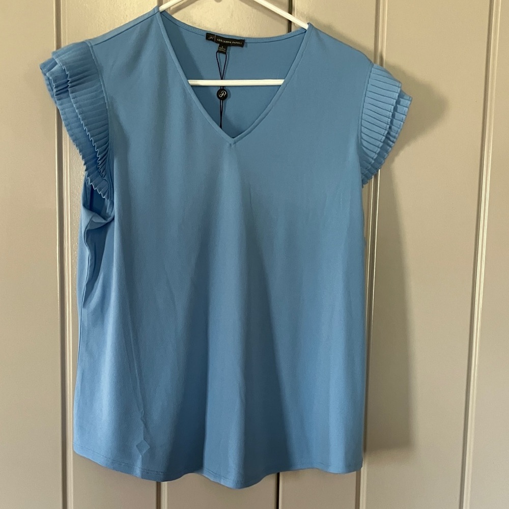 Adrianna Papell Light Blue V-Neck Pleated Cap Sleeve Blouse